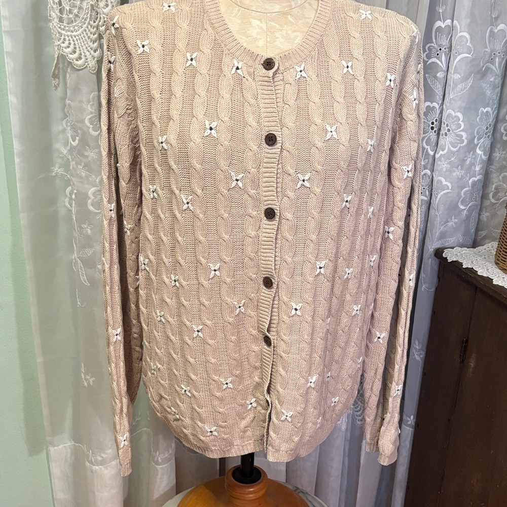 Vintage Talbots Hand Embroidered Linen Cotton Cable-knit Cardigan Sz XL